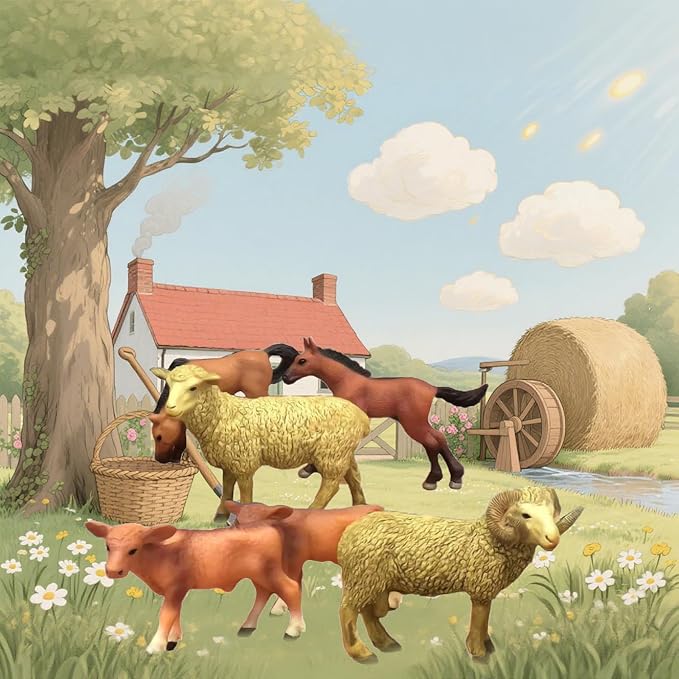 LC JoyCre Farm Animals Playset 6PCS Cows Sheep Horses Toys Realistic Calves Figures Horses Figurines Sheep for Toddlers Trakehner Foal Model Decoration for Birthday Party Collection for Kids