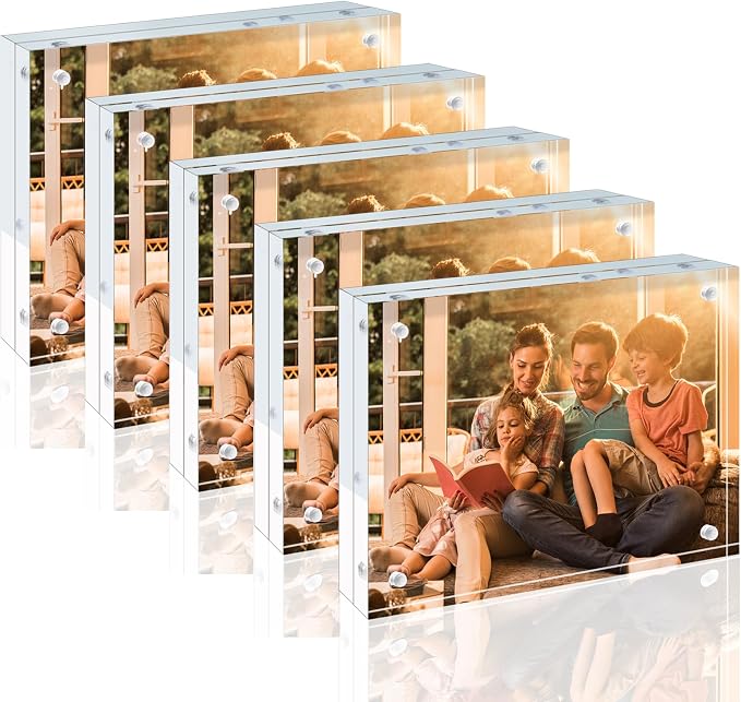 Egofine 5x7 Acrylic Frames 5 Pack, 20mm Thicker Frameless Clear Picture Frames, Double Sided Magnetic Picture Frames, Free Standing Desktop Display