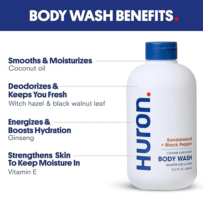 Huron Men’s Shower Kit – Shampoo, Conditioner & Body Wash with Sandalwood + Amber Scent, Hydrating, Phthalate-Free, non-toxic Ingredients for Hair & Skin Care, 12 fl oz (Pack of 3)
