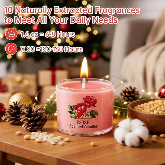 20 Pack Scented Candles, 1.6 oz Mini Candles Bulk, Small Candles Set with 10 Fragrances, Natural Soy Wax, Aromatherapy Gifts for Home Decor, Yoga, Relaxation, Women