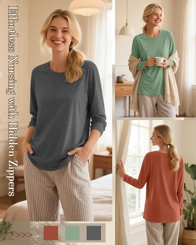 3 Pack Nursing Tops for Breastfeeding Maternity Shirts Zipper Long Sleeve Round Neck Knit Casual Nursing Clothes