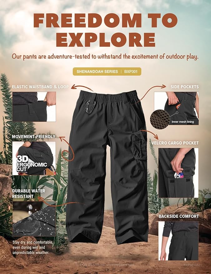 CQR Kids Boy’s Hiking Cargo Pants, Water Resistant UPF 50+ Quick Dry Youth Casual Outdoor Climbing Camping Trousers