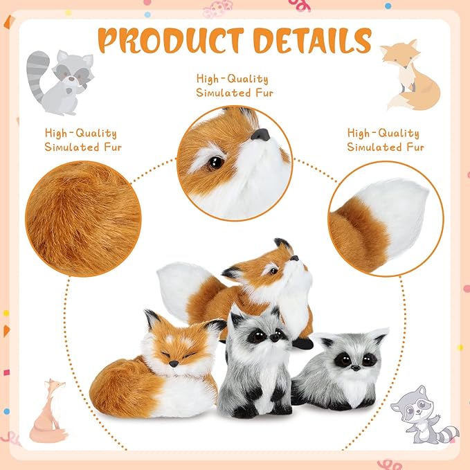 4 Pcs Simulation Fur Toy Christmas Decor Mini Fox Animal Model Stuffed Cute Furs Plush Raccoon Fox Squatting Sleeping Animals World with Static Action Figures for Home Office Desktop Decoration
