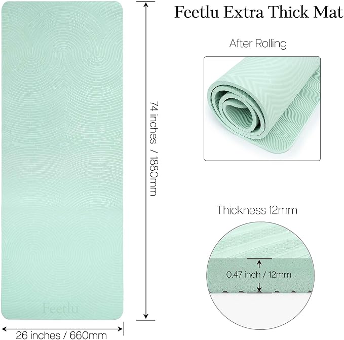 Extra Thick 12mm Exercise Mat – 74"L x 26"W Inch, Non-Slip, Joint-Friendly & Cushioned Fitness Mat for Yoga, Pilates & Floor Workouts – Durable, Supportive & Includes Feetlu Classic Strap