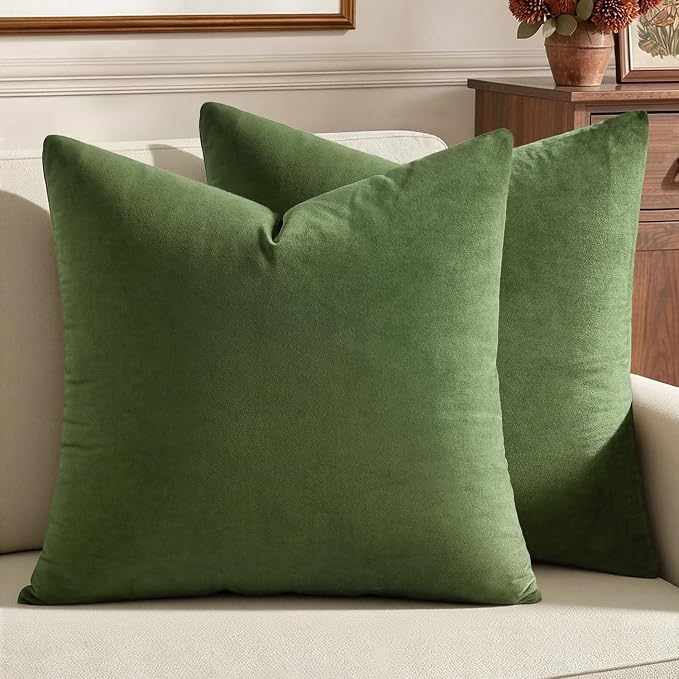 MIULEE 24x24 Inch Pack of 2 Euro Velvet Throw Pillow Covers Moss Green | Soft Solid Decorative Euro Sham, Modern Luxury Home Decor, for King Bed Sofa Couch Bedroom Livingroom