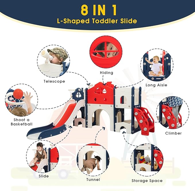 SANDINRAYLI 8-in-1 Indoor Toddler Slide, Kids Slide with Stairs, Outdoor Playground Slides for Kids 3-8, Freestanding Slides with Basketball Hoop, Telescope, Tunnel, and Storage for Boys & Girls