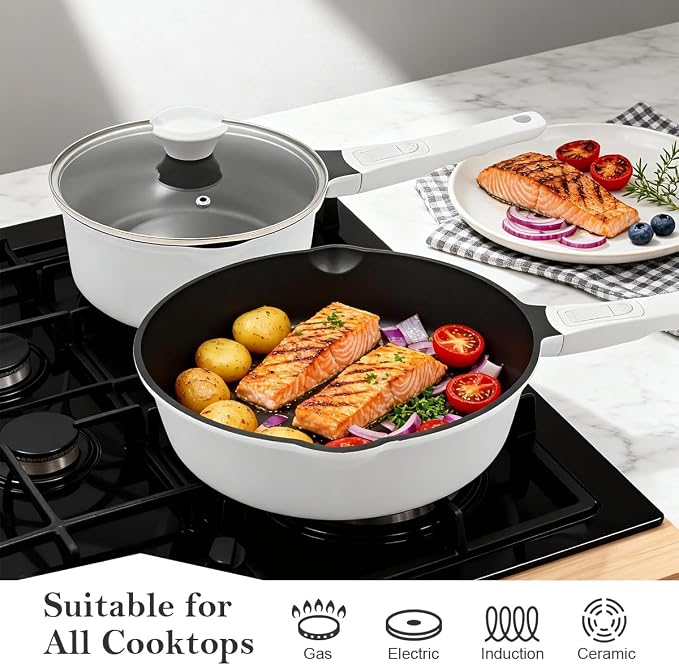 8 Inch Non Stick Frying Pan Skillet, Small Saute Pan, White | Egg Pan Non Toxic, Compatible with All Stovetops, PTFE & PFAS & PFOA Free, Oven Safe