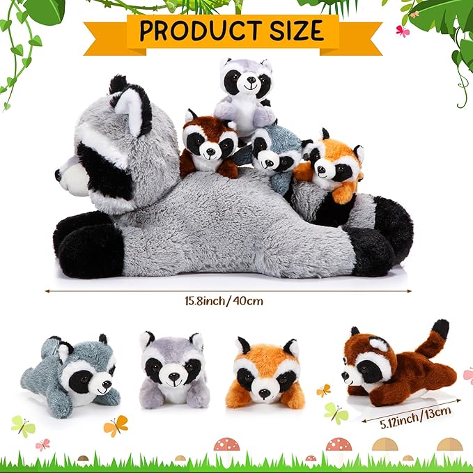 5 Pcs Raccoon Stuffed Animal Set Adorable Mommy Raccoon Plush with 4 Cute Babies in Tummy Soft Cuddly Plushie for Birthday Woodland Party Decor(Lovely Style)