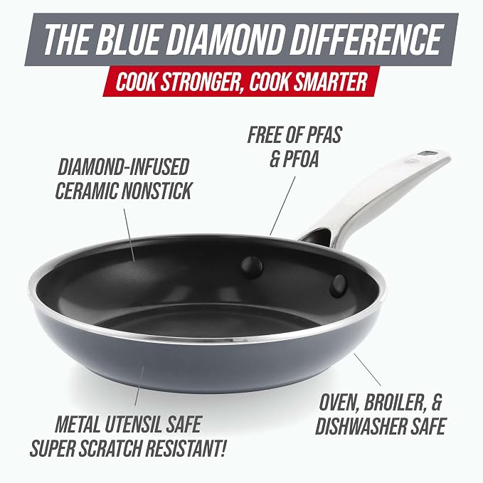 Blue Diamond 8" Diamond Infused Ceramic Nonstick Frying Pan Skillet, Gray | PFAS-Free Ceramic Nonstick, Dishwasher & Oven Safe, Stay Cool Handle, Durable Metal Utensil Safe, Egg & Omelet Pan