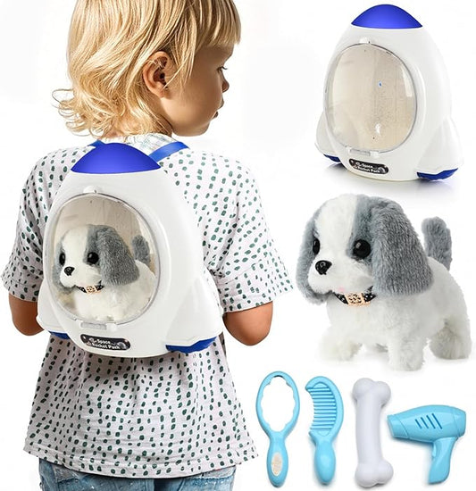 Electronic Interactive Plush Puppy - Battery Operated Mechanical Walking Little Pet Dog with a Cute Bag, Barking, Tail Wagging, Stretching Companion Animal for Toddlers & Kids (Grey)