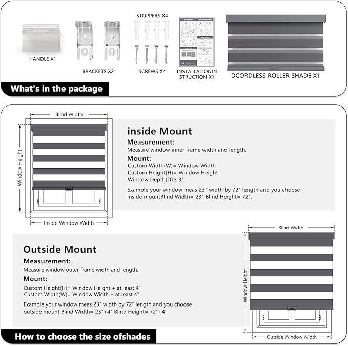 AOSKY Cordless Zebra Blinds for Windows Pull Down Roller Window Shades Dual Layer Light Filtering Privacy for Day and Night, Free-Stop Door Shades for Home Easy to Install (35" W X 84" H，Grey)