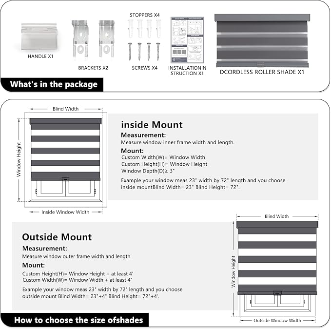 AOSKY Cordless Zebra Blinds for Windows Pull Down Roller Window Shades Dual Layer Light Filtering Privacy for Day and Night, Free-Stop Door Shades for Home Easy to Install (30" W X 48" H，Grey)
