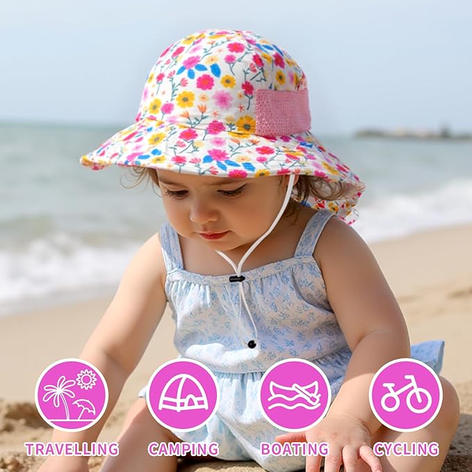 Toddler Baby Sun Hat Kids Summer Beach Essentials Adjustable Beach Hats with Bucket Wide Brim for Boys Girls Age 0-14 Years