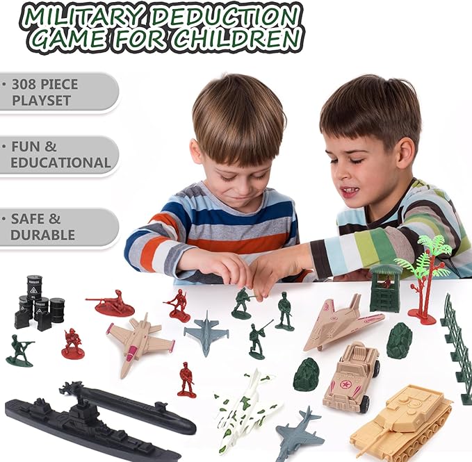 Army Men Playset Toy for Boys with Battle Mat, 308Pcs Military Toys Soldiers, Plastic Army Men Action Figures and Military Weapons, Guns Toys for Age Boys 4 8 12