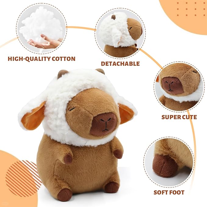 Capybara Plush, Cute Capybara Plush Toy Wear Removable Lamb Hat, Kawaii Soft Capybara Plushie Pillow, 14 inch Capybara Stuffed Animal Hugging Plushy Gifts for Kids Adults (Medium)