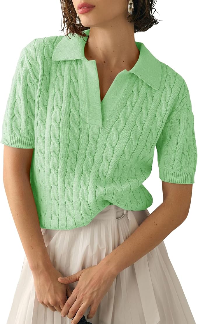 Imily Bela Womens Cable Short Sleeve Sweaters Tops Lapel V Neck Knit Shirt | Solid,Knit Casual,Soft Pullover,Fall Sweaters,Womens Summer Work Tops