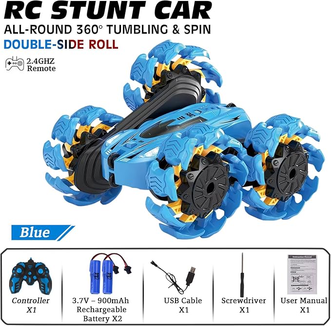 Remote Control Car, New Upgraded Double-Sided 360° Rotating RC Toy Cars with LED Headlights, 2.4GHz Rechargeable Electric Race Stunt Car with 4WD, Best Gift for 6-12 Year Old Boys and Girls (Blue)