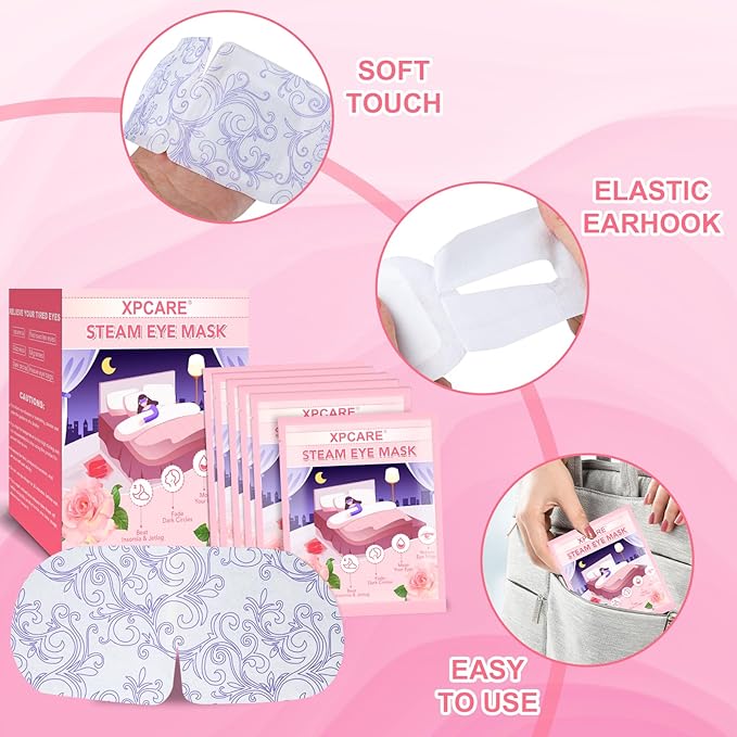 XPCARE 60 Pack Steam Eye Masks for Dry Eyes, SPA Warm Sleep Eye Mask, Disposable Heated Eye Mask for Dark Circles, Puffy Eyes, Relief Stress Eye Fatigue(Rose)