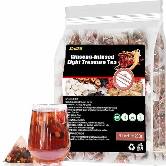 Ginseng-Infused Eight Treasure Tea Bags, Herbal Botanical Blend with Red Dates, Goji Berry & Traditional Ingredients, Naturally Sweet Daily Wellness Tea, Caffeine Free, 20 Count