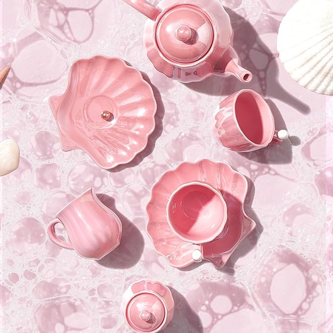 Giant bean Porcelain Tea Set, Pearl Pink Real Tea Party Set for Little Girls, British Royal Princess Series Teapot & Cup & Saucer & Sugar Bowl & Suitcase, for Little Kids Toddlers