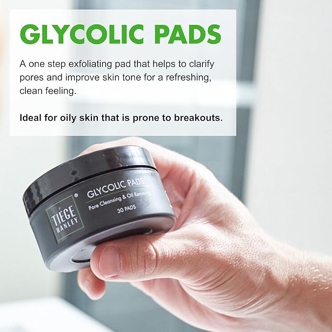 Tiege Hanley Glycolic Acid Pads for Men, Exfoliating Face Cleansing Pads for Forehead, Nose & Cheeks, Facial Wipes with Glycolic, Salicylic & Lactic Acid, Men’s Skin Care, 30 Count