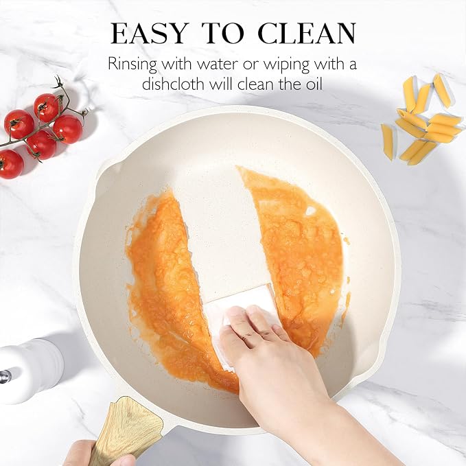 GiPP Nonstick Deep Frying Pan Skillet, 9.5" Saute Pan with Lid, Granite Induction Cookware Non Stick Cooking Pan, PFOA PFOS APEO Free, White