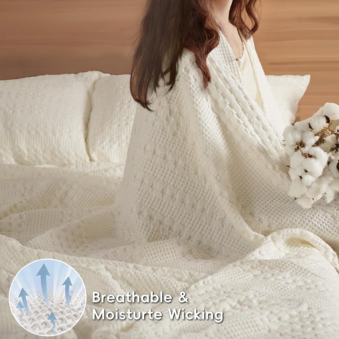 PHF 100% Cotton Waffle Weave Blanket King Size, Lightweight Breathable Summer Blanket for Hot Sleepers, Pre-Washed Soft Layer for Bed, Couch, Home Decor Gift, 108"x90", Ivory