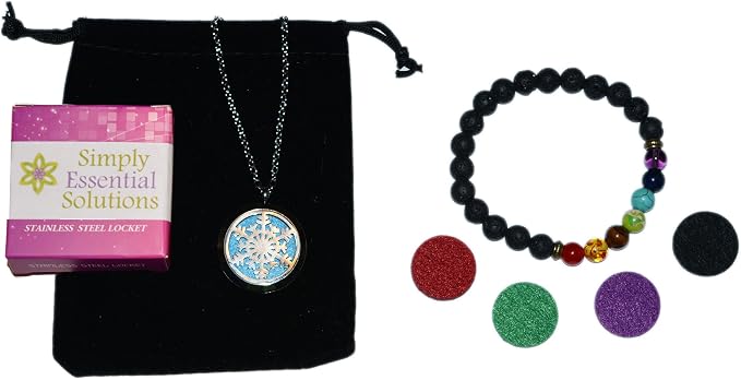 Aromatherapy Essential Oil Diffuser Stainless Steel 30MM Silver Magnetic Locket Pendant with Chain Necklace and Colored Refill Pads & Diffuser Bracelet All in a Velvet Bag (Snowflake3)