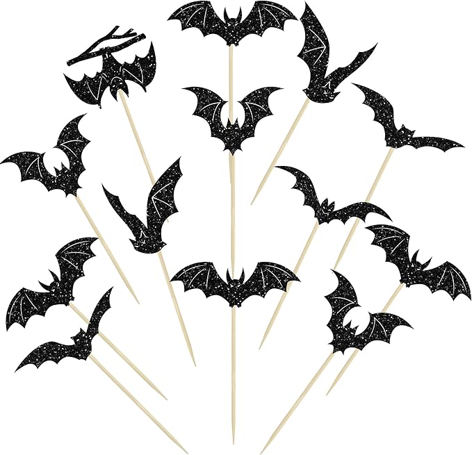 Gyufise 24Pcs Halloween Bat Cupcake Toppers Black Glitter Bat Halloween Cupcake Picks for Horror Theme Baby Shower Kids Birthday Party Cake Decorations Supplies