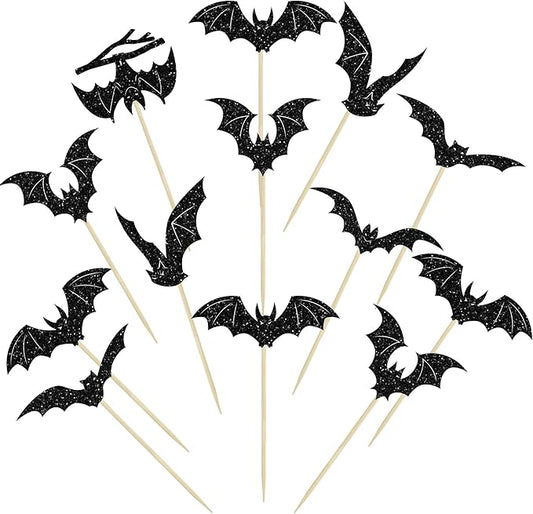 Gyufise 24Pcs Halloween Bat Cupcake Toppers Black Glitter Bat Halloween Cupcake Picks for Horror Theme Baby Shower Kids Birthday Party Cake Decorations Supplies