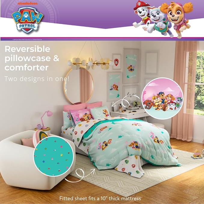 Paw Patrol Girl Skye Kids Bedding Super Soft & Cozy Reverisble Microfiber Comforter and Sheet Set with Sham, 5 Piece Twin Size, (Officially Licensed Product) By Franco
