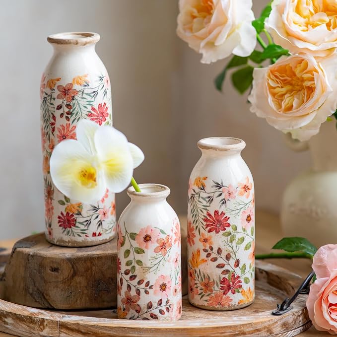 Vintage Vase Set of 3, Ceramic Vintage Flower Vases, Chinoiserie Decorative Home Decor Retro Floral Vase Rustic Farmhouse Decor for Table Bookshelf Mantel Kitchen Living Room Office - Colorful Daisy