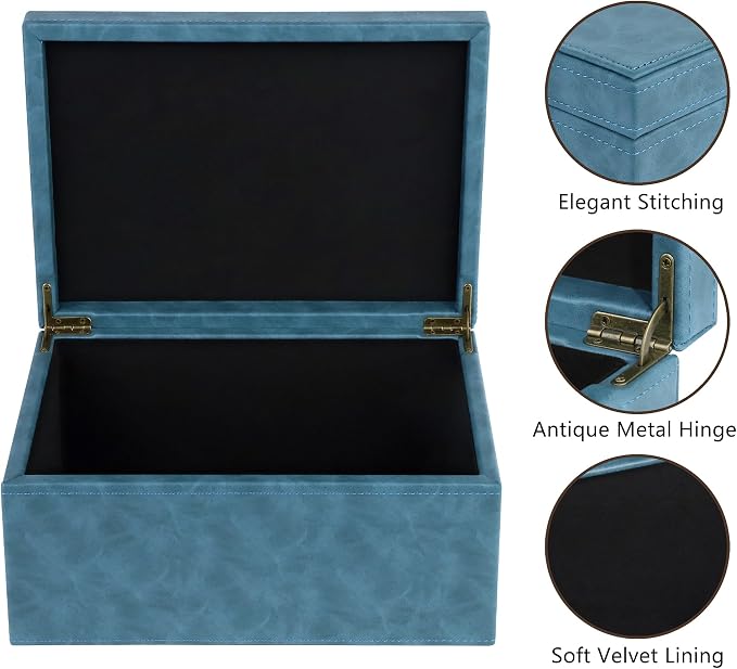 HofferRuffer Faux Leather Decorative Box, Large Wooden Structure Keepsake Box Accessory Organizer Jewelry Organizer with Hinged Lid, Storage Container for Home or Office (Blue)
