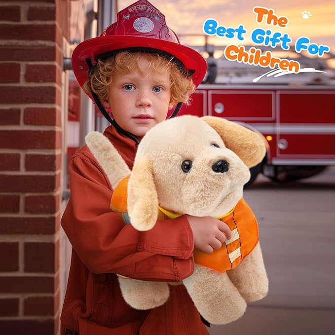 Golden Retriever Stuffed Animal with Orange Safety Vest – Firefighter Dog Plush Toy Birthday Surprise, for Kids, Boys & Girls,10"