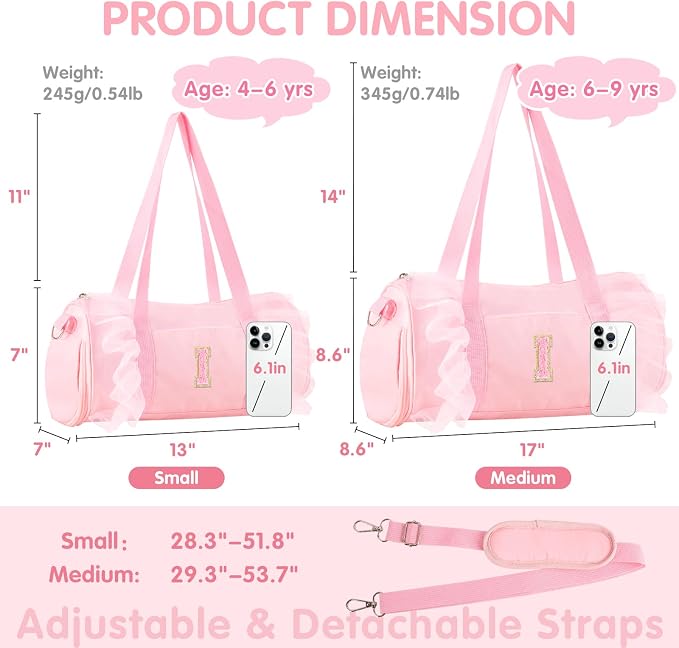 Personalized Initial Dance Bag for Girls 6-9, Medium Lace Gym Sport Yoga Cheer Dance Bags Gift for Teen Girls, Cute Letter Kids Ballet Bag Toddler Travel Duffel Tote with Adjustable Straps(Pink-I)