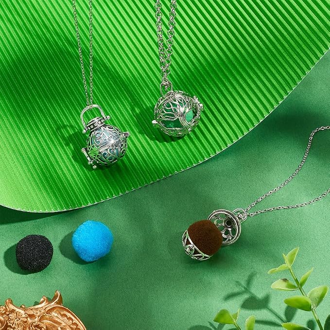 PH PandaHall 3pcs Essential Oil Diffuser Necklace Aromatherapy Locket Pendant Stainless Steel Jewelry Chains Hollow Cage Pendant with 10pcs Cotton Balls for Men Women Jewelry Birthday Gifts, Platinum
