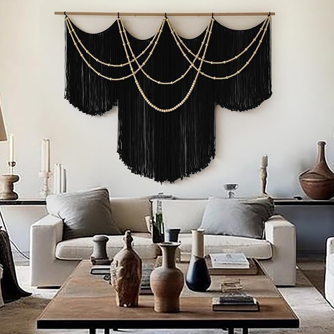 Macrame Wall Hanging Black Yarn Tapestry Boho Fiber Art Decor 57"W*43"L | Black Wall Hanging, Woven Fiber Art, Handmade Cotton Decor, Modern Boho Style, Statement Wall Accent, Handmade Craft