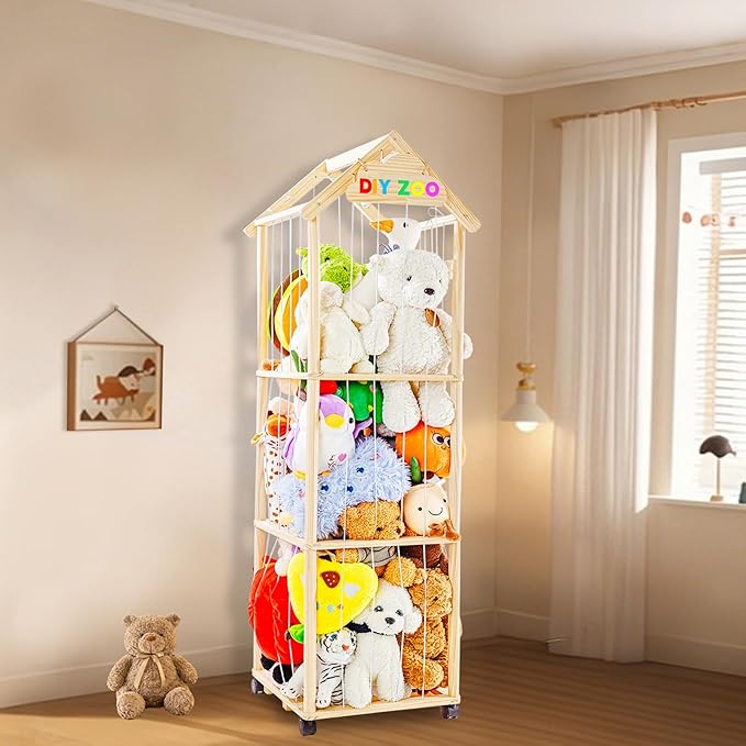 Stuffed Animal Storage,Stuff Animal Organizer Display Wood Zoo Animals Toy Holder with Length Adjustable,360° Swivel Wheels Simple Installation for Nursery Play Room Bedroom