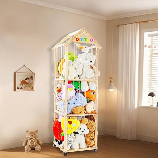 Stuffed Animal Storage,Stuff Animal Organizer Display Wood Zoo Animals Toy Holder with Length Adjustable,360° Swivel Wheels Simple Installation for Nursery Play Room Bedroom