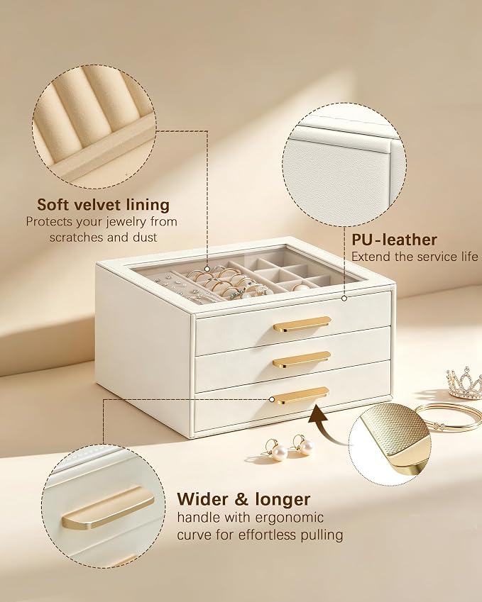 Homeanda Jewelry Boxes Organizer with Glass Lid, 3-Layer PU Leather, Beige | Modern style display case with 3 drawers for daily jewelry, women, mom or girl gift
