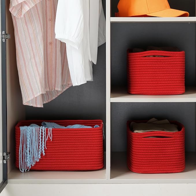 3 Pack Storage Baskets for Organizing, 13.7×9.5×6.3", Red | Woven Baskets for Shelves, Cotton Rope Basket for Gifts Empty, Closet Organizer Bins with Handles, Cube Decorative Box