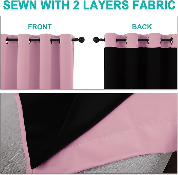 NICETOWN 100% Blackout Curtains with Black Liners, Thermal Insulated Full Blackout 2-Layer Lined Drapes, Energy Efficiency Window Draperies for Bedroom (Crystal Pink, 2 Panels, 55-inch W by 68-inch L)