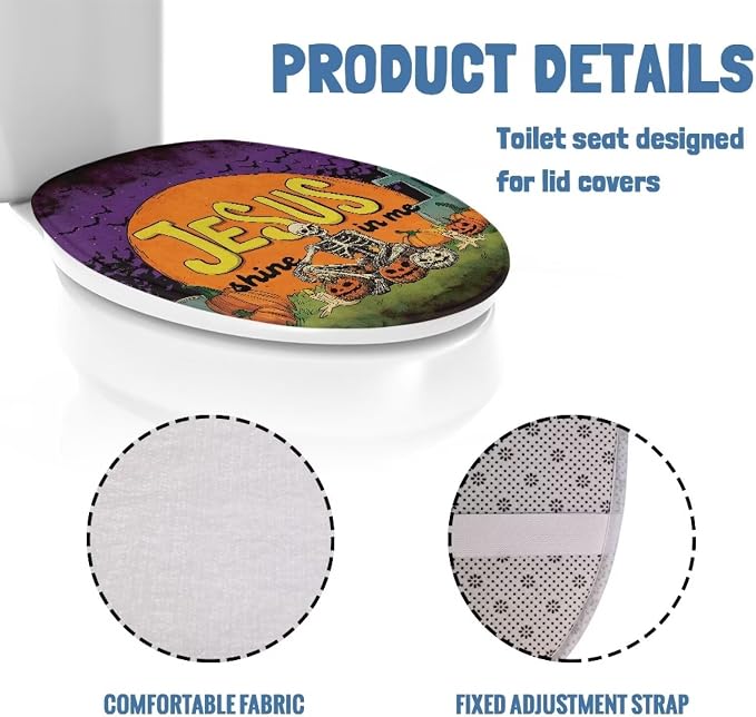 Jesus Pumpkin Skeleton Toilet Lid Cover Elongated for Halloween Decor Bathroom Decoration Accessories Machine Washable Dustproof Toilet Seat Cover for All Saints' Day