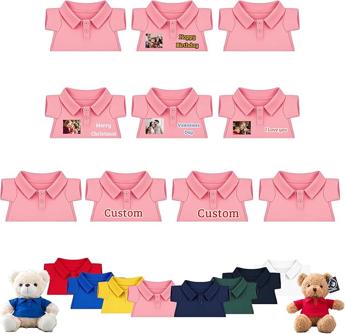 10 Pcs Personalized Teddy Bear Clothes with Text Photo, Custom Stuffed Animal Clothing Fit 8-16 inch Stuffed Bear Clothes for Teddy Bears, Doll Clothing Make Your Own Plush Doll Shirt