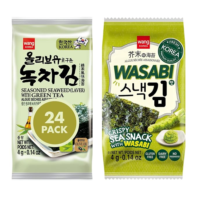 Wang Korean Seaweed Snack, Olive Oil with Green Tea and Wasabi