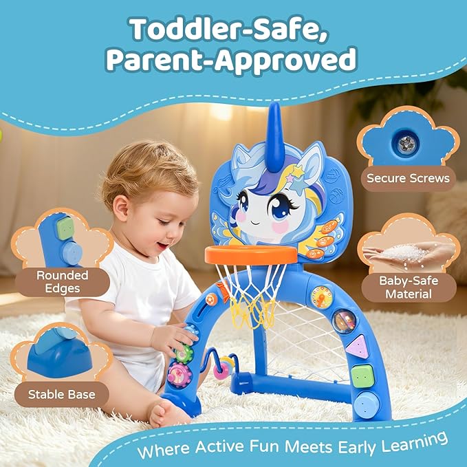 Fabeto Basketball Hoop & Soccer Goal for Toddlers – 3-in-1 Sports Play Set with Ring Toss | Indoor Outdoor Activity Toy for 1 2 3 Year Old Boys | Birthday for Active Play (Blue)