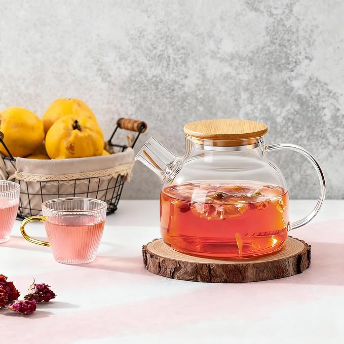 PARACITY Glass Teapot Stovetop, Borosilicate Clear Tea Kettle with Removable 18/8 Stainless Steel Infuser, Teapot Blooming and Loose Leaf Tea Maker Tea (transparent, 34oz-bamboo lid)