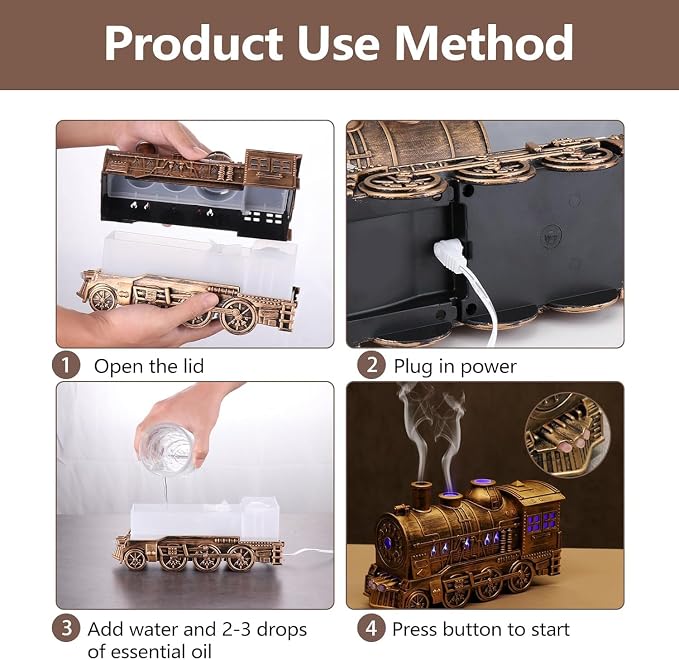 Train Diffuser, 300ml Vintage Steam Train Essential Oil Diffuser, 2 Color LED Dual Mist Modes Christmas Train Air Diffuser Aromatherapy Humidifier with Remote Control, 2/8 Hours Auto Shut-Off