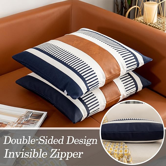 Set of 2 Navy Blue and White Boho Throw Pillow Cover, Faux Leather Modern Couch Pillow Covers 22x22 inch Farmhouse Stripe Pillowcase for Sofa Bedroom Living Room