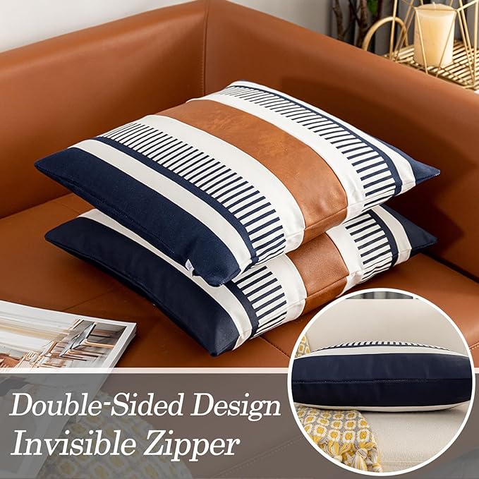Pack of 2 Farmhouse Decorative Throw Pillow Covers for Couch Sofa Faux Leather and Cotton Patchwork Pillow Cover Boho Stripe Accent Cushion Cover 18 x 18 Inch, Navy Blue